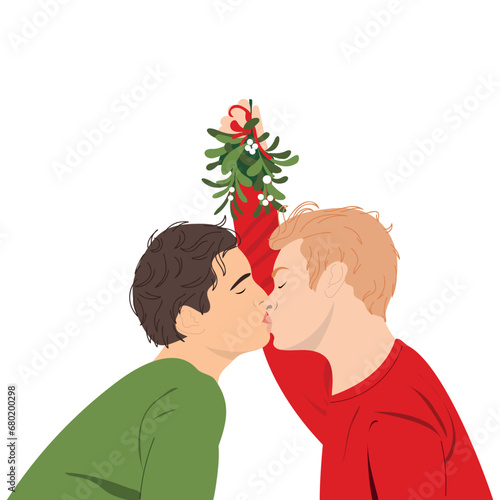 Men in love kiss under Mistletoe. Concept of cute romantic greeting cards fo winter holidays