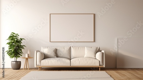 A white frame mockup in a minimalist living room with a beige sofa  wooden floor  and a hint of natural light.