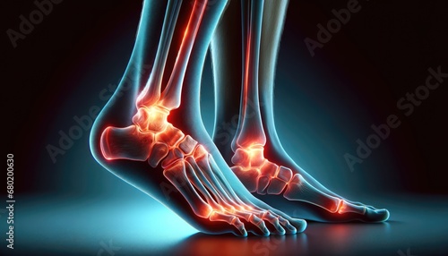 An X-ray style medical image highlighting critical areas of a human foot, illustrating potential pain points or injuries such as fractures or sprains, with red areas against a blue background.