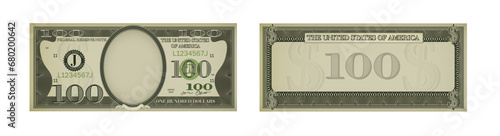 One hundred dollar banknote template. US fake cash 100 usd note. Game joke money