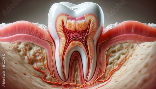 Cross section of a healthy human tooth and surrounding gums, highlighting the complex internal structure including the enamel, dentin, pulp, roots, nerves, and blood vessels. photo
