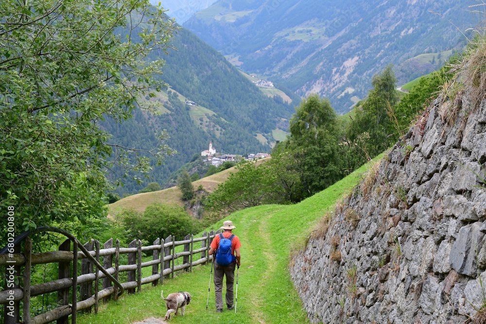 Mann und sein Lagotto Romagnolo Hund wandern im Schnalstal in Südtirol 