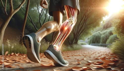  The illustration highlights the muscles and bones, showcasing areas of potential strain during the run, perfect for educational or sports medicine contexts. photo