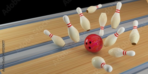 bowling strike. Skittles and bowling ball on the track