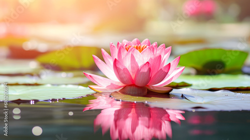 Beautiful pink waterlily or lotus flower blooming on pond