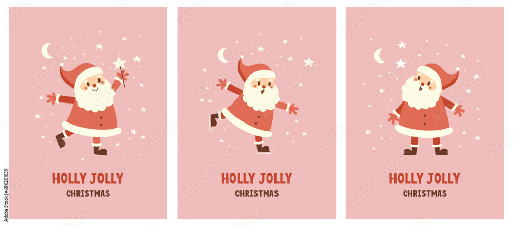 Set of Christmas Cards. Winter Holidays Vector Retro Cards with Cute Happy Santa. Hand Drawn Funny Santa Claus on a Pastel Pink Background. Handwritten Holly Jolly. Lovely Christmas Print. Rgb Colors.