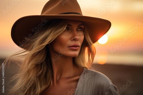 Portrait of a blissful woman in her 40s wearing a rugged cowboy hat against a stunning sunset beach background. AI Generation © CogniLens