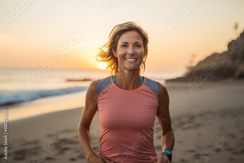 Portrait of a grinning woman in her 40s wearing a moisture-wicking running shirt against a stunning sunset beach background. AI Generation