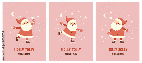 Set of Christmas Cards. Winter Holidays Vector Retro Cards with Cute Happy Santa. Hand Drawn Funny Santa Claus on a Pastel Pink Background. Handwritten Holly Jolly. Lovely Christmas Print. Rgb Colors.