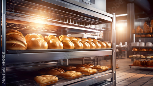 Fresh bread on the shelves in the bakery.