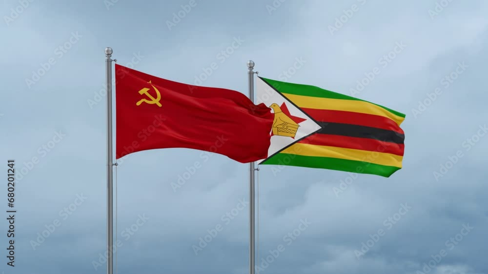 Zimbabwe and Soviet Union or USSR flag waving together on cloudy sky, endless seamless loop, two country cooperation concept Zimbabwe and Soviet Union or USSR flag waving together on cloudy sky, endless seamless loop, two country cooperation concept