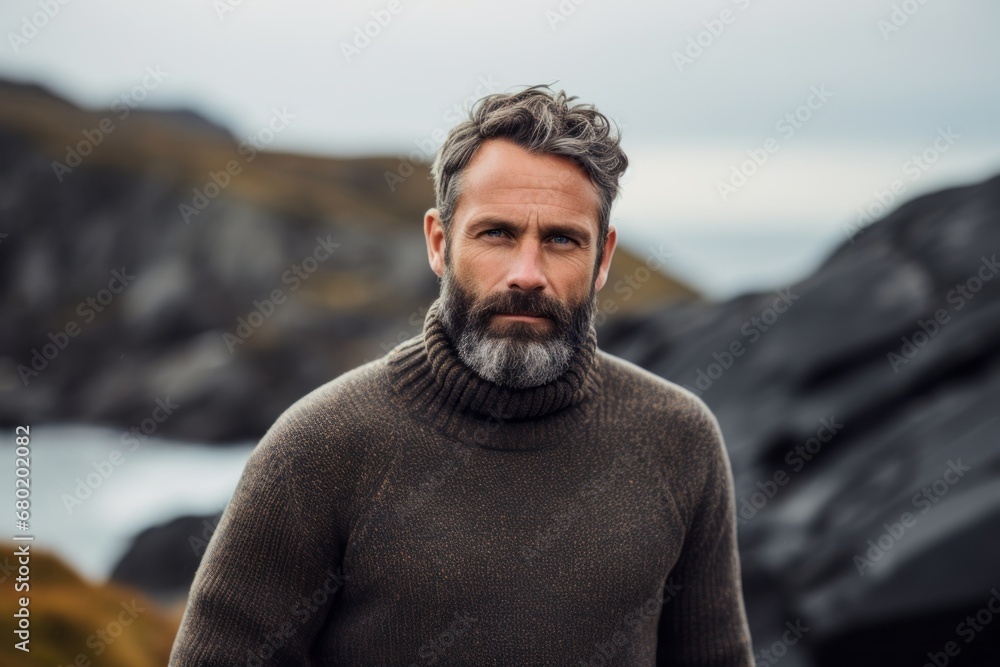 Portrait of a glad man in his 40s dressed in a warm wool sweater against a rocky shoreline background. AI Generation Portrait of a glad man in his 40s dressed in a warm wool sweater against a rocky shoreline background. AI Generation