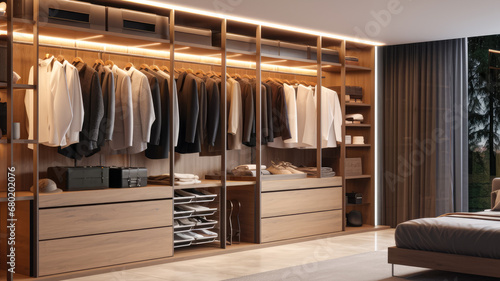 Modern wooden wardrobe with clothes and accessories © mila103