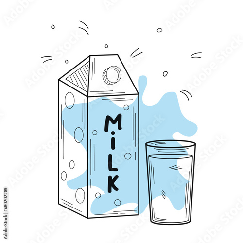 A carton of milk with a glass of milk. Organic homemade food. Vector illustration in hand drawn doodle style. Nutrition concept. Kitchen image. Illustration for a cookbook.