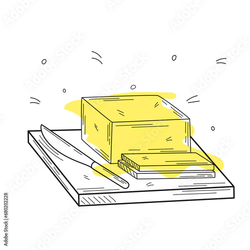A piece of butter with slices on a wooden board. Vector illustration in hand drawn doodle style. Dairy products. Nutrition concept. Kitchen image.