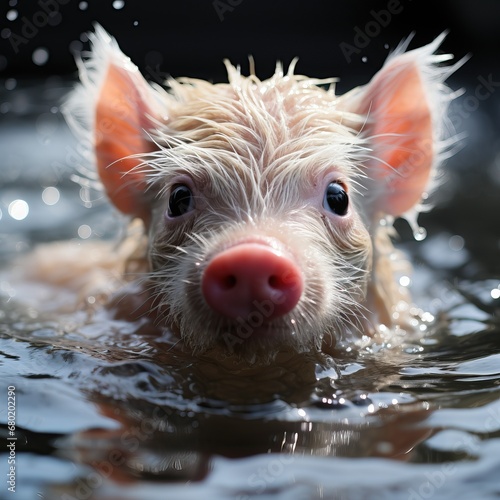 Wild, swimming pig. Wet piglet in the water. Very close-up of cute piggy. Great image for web icon, game avatar, profile picture, for educational needs of nature theme. Square © InspiringMoments