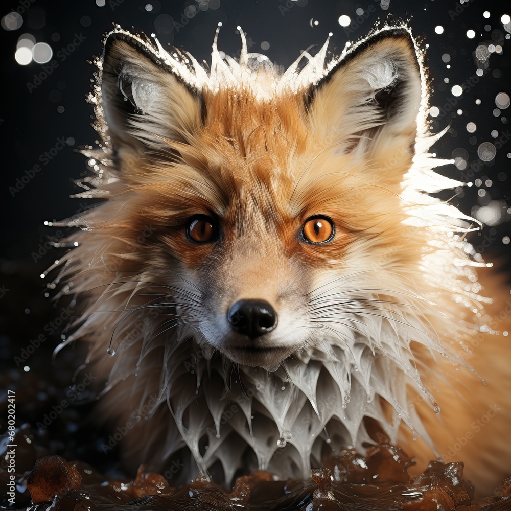 Fototapeta premium A red fox in the water. Close-up of red fox face.
