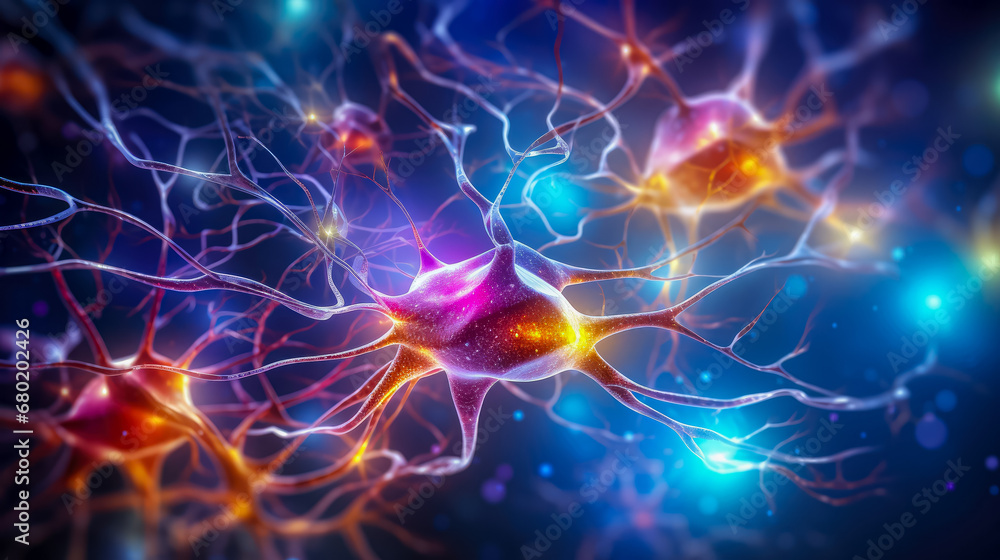 Neuron cell, 3D illustration. Neuron cell with neurons activity. Neuron cell close-up. Neuron cell, 3D illustration. Neuron cell with neurons activity. Neuron cell close-up.