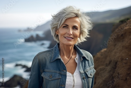 Portrait of a glad woman in her 60s sporting a rugged denim jacket against a dramatic coastal cliff background. AI Generation
