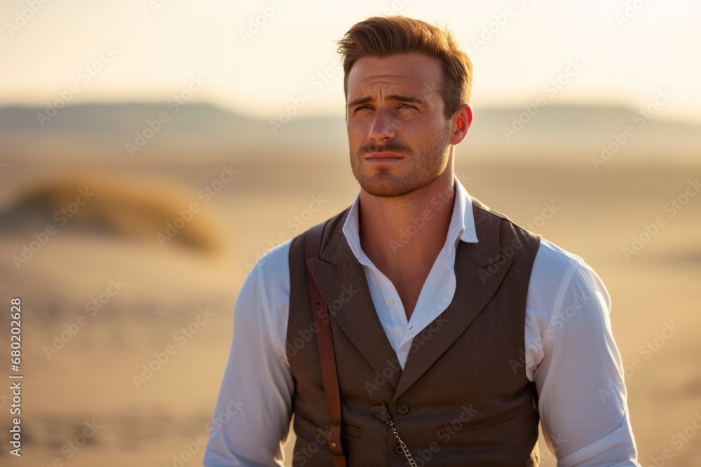 Portrait of a blissful man in his 30s dressed in a polished vest against a serene dune landscape background. AI Generation