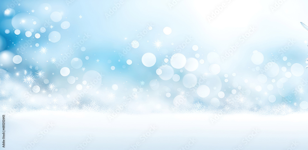  Christmas blurred light blue background with snowflakes and garland lights. New Year, winter holidays banner for design.Generative AI 