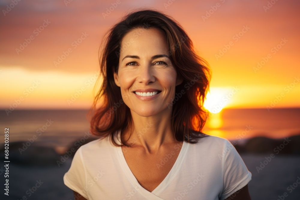 Portrait of a happy woman in her 40s dressed in a casual t-shirt against a vibrant beach sunset background. AI Generation Portrait of a happy woman in her 40s dressed in a casual t-shirt against a vibrant beach sunset background. AI Generation