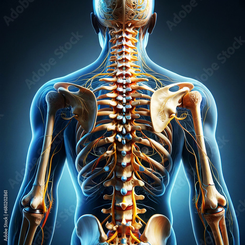An anatomical illustration of the human spine, showing cervical, thoracic, lumbar, sacral, and coccygeal vertebrae, with labels for the intervertebral discs, spinal cord, and nerve roots. photo
