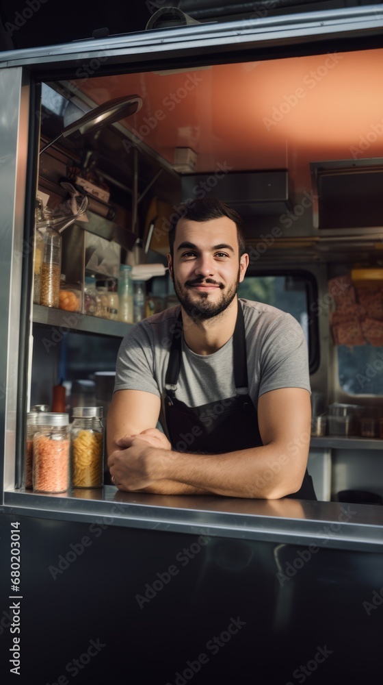 Portrait of a caucasian man cook seller of a street food truck, inside of food truck with crossed arms