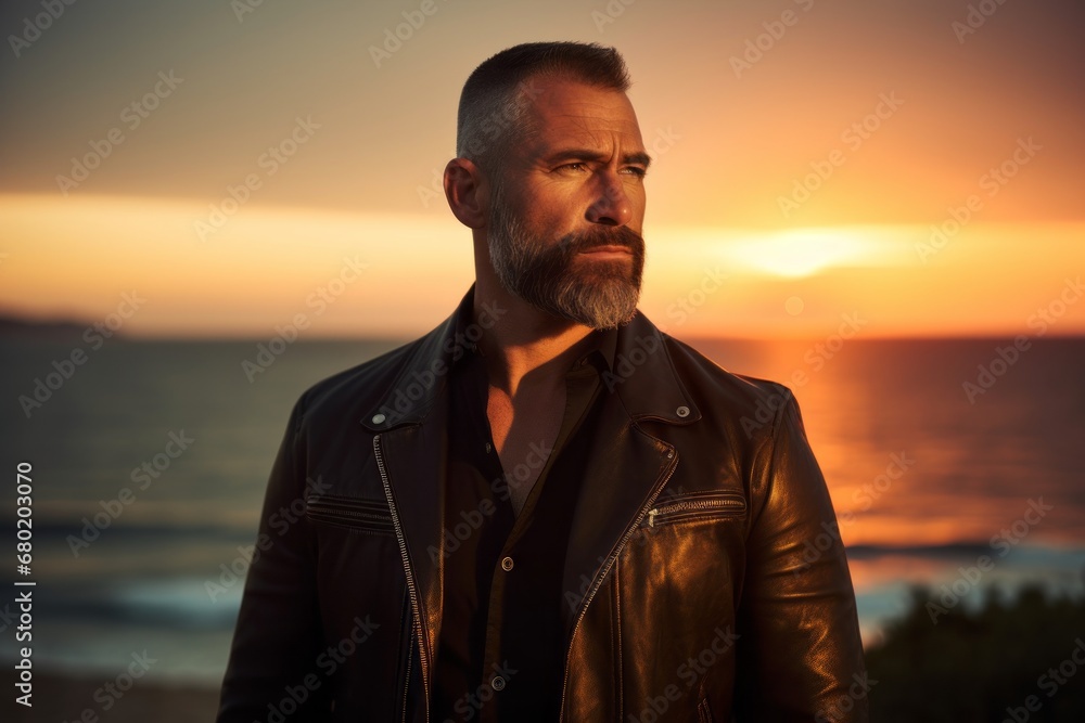Portrait of a glad man in his 40s sporting a stylish leather blazer against a vibrant beach sunset background. AI Generation Portrait of a glad man in his 40s sporting a stylish leather blazer against a vibrant beach sunset background. AI Generation