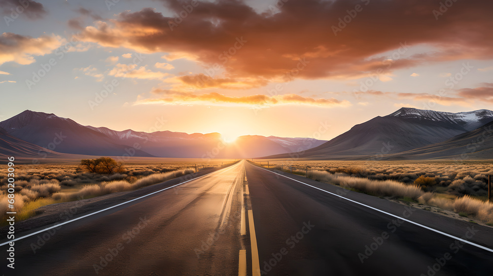 Twilight Desert Road, Twilight Glow Over Desert Path, Peaceful Evening Concept Art, Generative AI