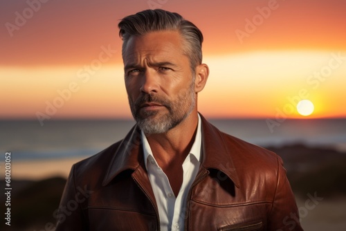 Portrait of a glad man in his 40s sporting a stylish leather blazer against a vibrant beach sunset background. AI Generation