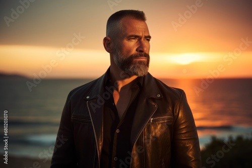 Portrait of a glad man in his 40s sporting a stylish leather blazer against a vibrant beach sunset background. AI Generation