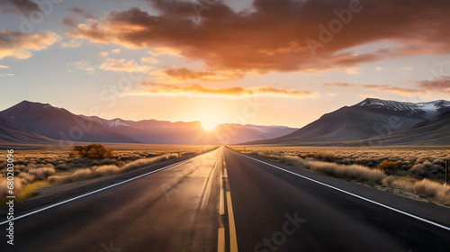Twilight Desert Road, Twilight Glow Over Desert Path, Peaceful Evening Concept Art, Generative AI