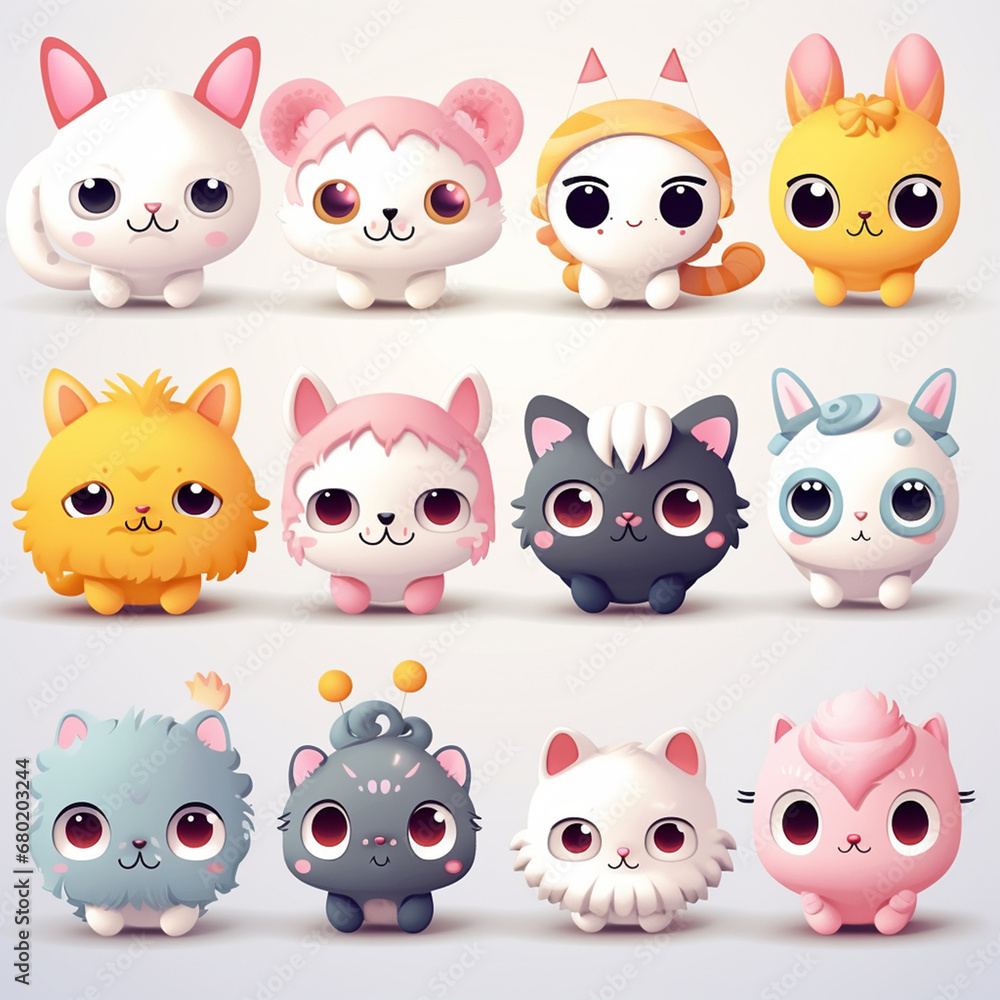 Fototapeta premium irresistibly cute characters with big eyes, pastel colors, and endearing expressions created with Generative Ai