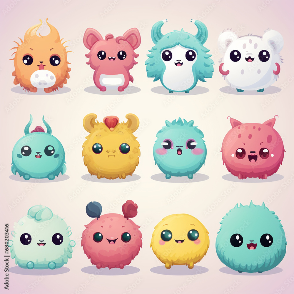 Fototapeta premium irresistibly cute characters with big eyes, pastel colors, and endearing expressions created with Generative Ai