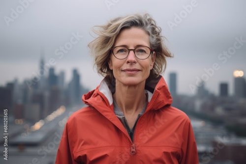 Portrait of a blissful woman in her 50s wearing a lightweight packable anorak against a modern cityscape background. AI Generation photo