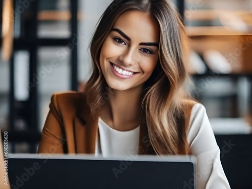 a young smiling beautiful woman is working at a laptop in the office