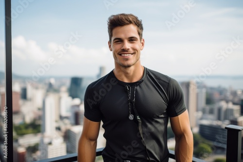 Portrait of a satisfied man in his 20s sporting a technical climbing shirt against a modern cityscape background. AI Generation