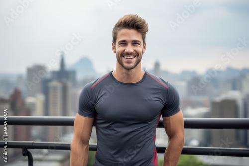 Portrait of a satisfied man in his 20s sporting a technical climbing shirt against a modern cityscape background. AI Generation