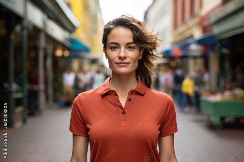 Portrait of a merry woman in her 30s wearing a breathable golf polo against a vibrant market street background. AI Generation