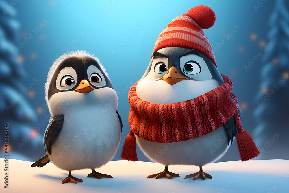 Obraz premium two funny abstract birds in a winter knitted hat and scarf. illustration, 3d cartoon characters. a couple of funny friends.