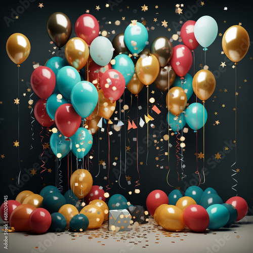 festive party decorations with intricate details, featuring balloons, confetti, and celebration elements created with Generative Ai