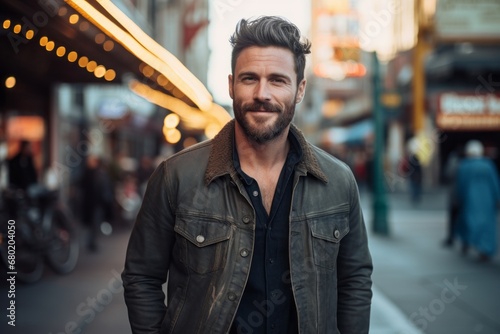 Portrait of a content man in his 30s sporting a rugged denim jacket against a vibrant market street background. AI Generation