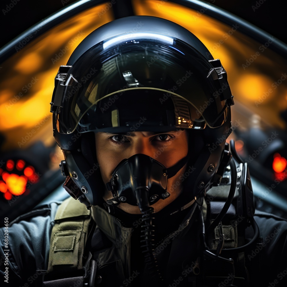 Dramatic shot of a pilot performing precision maneuvers in a fighter jet Dramatic shot of a pilot performing precision maneuvers in a fighter jet