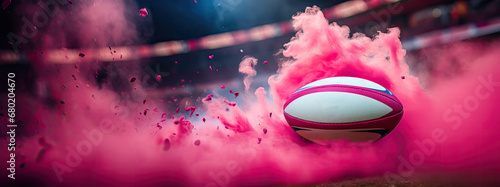 Creative and pop rugby banner, Rugby Ball Suspended in the Air during a match, Surrounded by Pink Smoke, panorama wallpaper for your design, mockup 