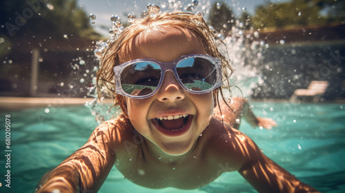 Capturing the Essence of Summer: A Child's Joyful Dive into Crystal-Clear Pool Waters, Frozen Splashes, and Mid-Air Jumps of Carefree Energy. 