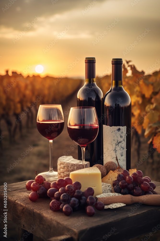 wine bottle with red wine with two wineglasses, grape and different types of cheese on the restaurant table outdoors, background of vineyard fields with grape