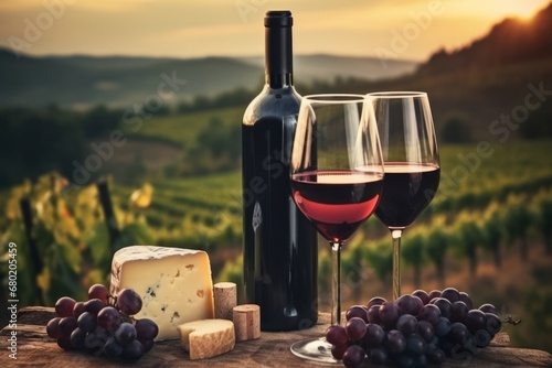 wine bottle with red wine with two wineglasses  grape and different types of cheese on the restaurant table outdoors  background of vineyard fields with grape