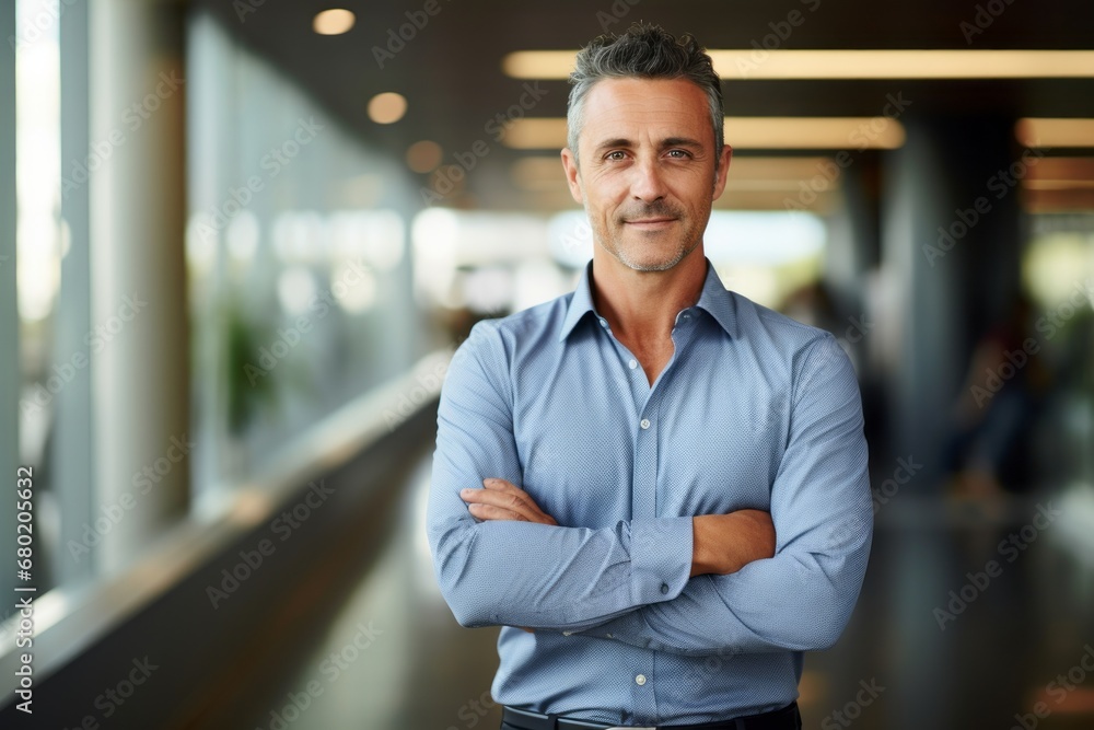 Fototapeta premium Portrait of a smiling man in his 40s donning a classy polo shirt against a sophisticated corporate office background. AI Generation