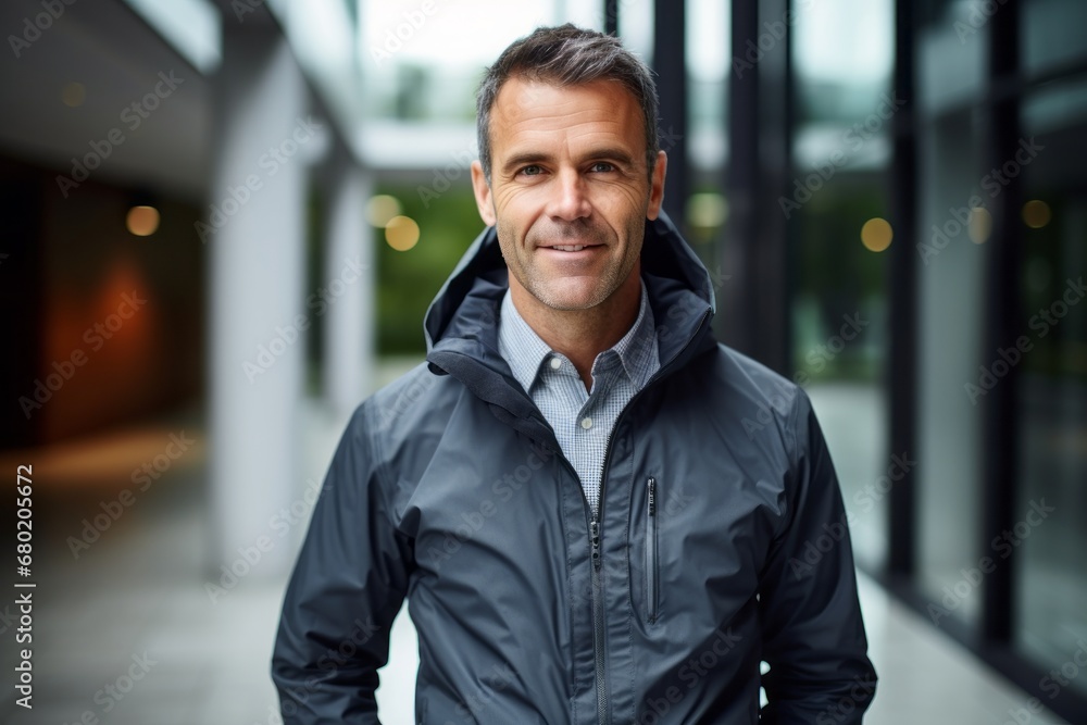 Portrait of a grinning man in his 40s wearing a windproof softshell against a sophisticated corporate office background. AI Generation Portrait of a grinning man in his 40s wearing a windproof softshell against a sophisticated corporate office background. AI Generation